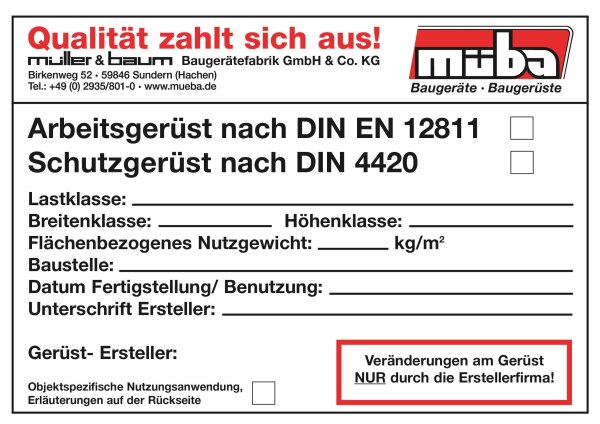 MÜBA Einlageblätter 61109.0 für Gerüstschildtasche, Papier, 100 Stück, nach DIN EN 12811-1